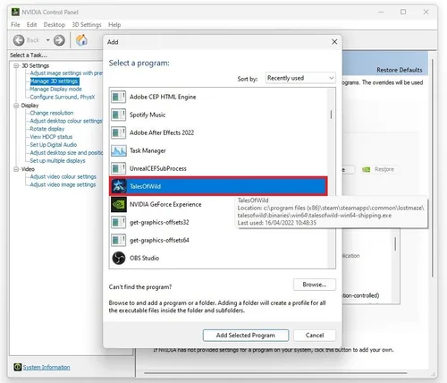 NVIDIA Control Panel > Manage 3D Settings