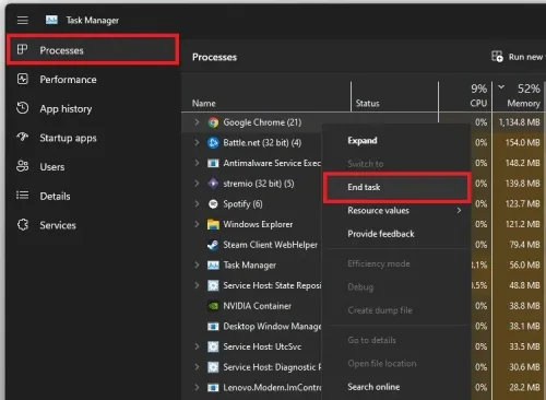 In the Processes tab, you should prevent programs from running, such as Steam, OB…