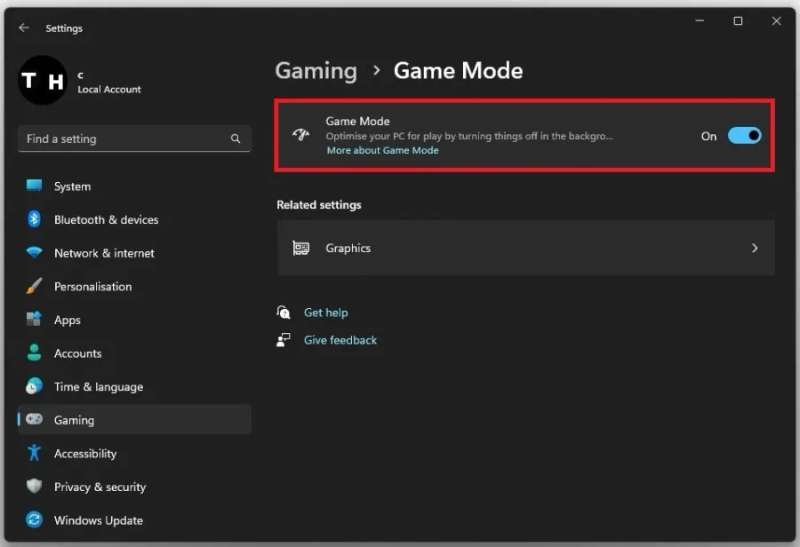 Windows Game Mode setting switched on