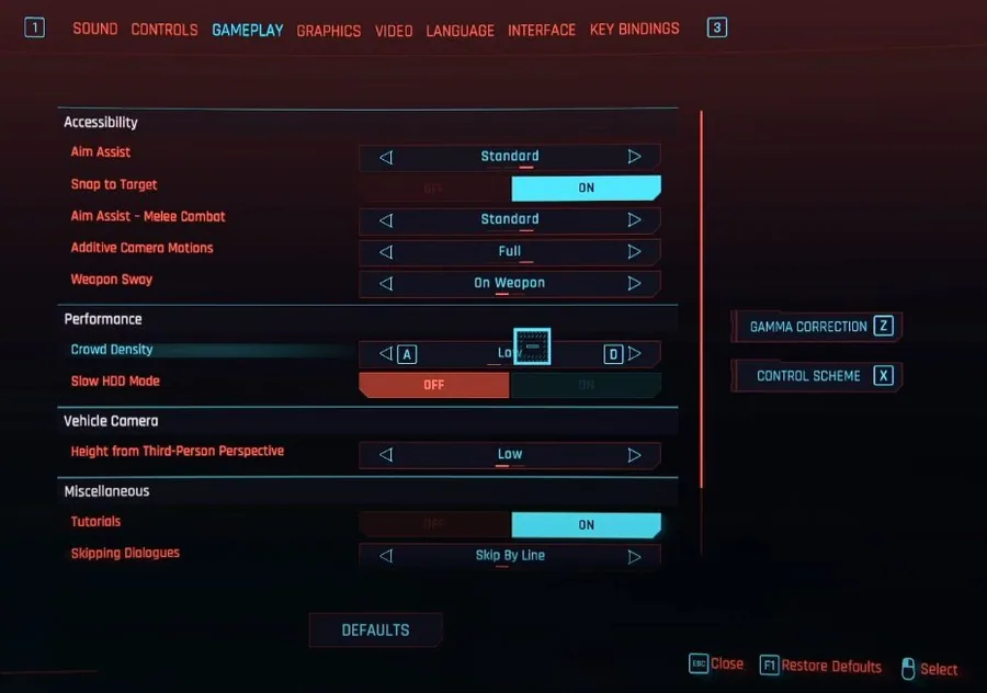 Cyberpunk 2077 in-game settings