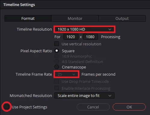 DaVinci Resolve Timeline Settings