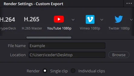 DaVinci Resolve Render Settings > Render Preset