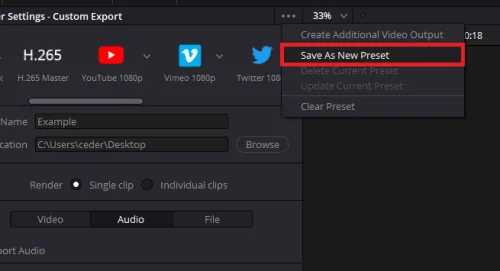 DaVinci Resolve Export Settings > Save As New Preset