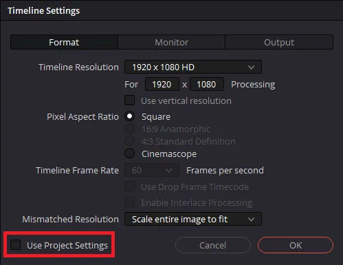 DaVinci Resolve Timeline Settings > Use Project Settings
