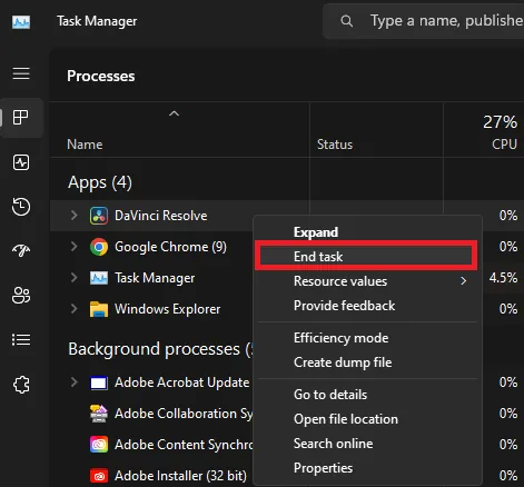 Task Manager > Processes > End Task