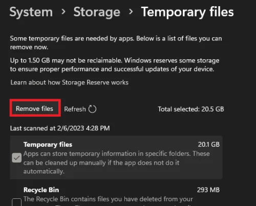 Windows Settings > Storage > Temporary Files