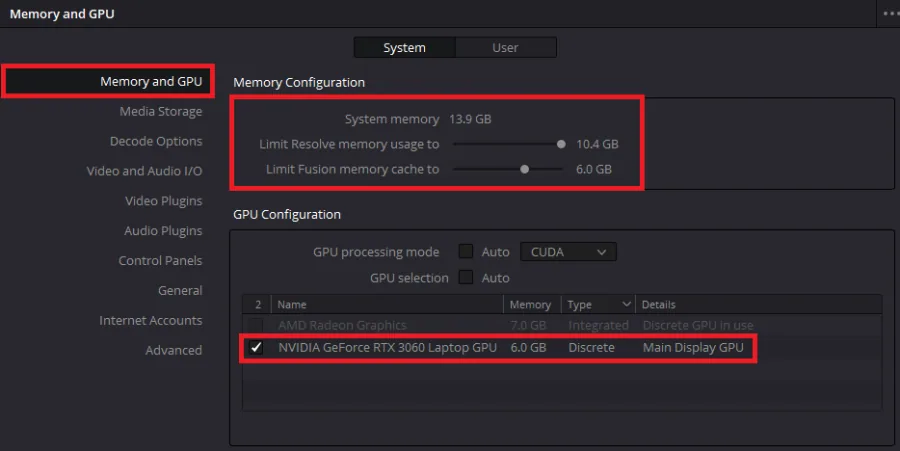 DaVinci Resolve Preferences > Memory and GPU