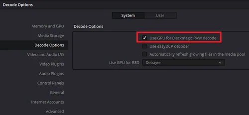 DaVinci Resolve Preferences > Decode Options