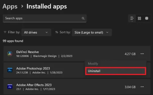Windows Settings > Installed Apps > DaVinci Resolve > Uninstall