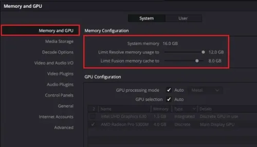 DaVinci Resolve Preferences > Memory and GPU