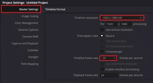 DaVinci Resolve Project Settings