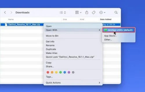 DaVinci Resolve > Open With > Archive Utility