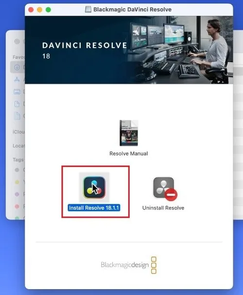 Next, double-click the .dmg file and then click on Install Resolve