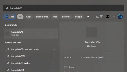 Search for %AppData% to open the correct file folder