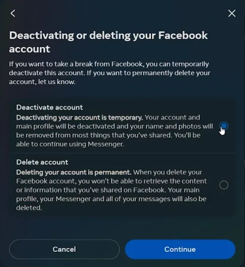 select to deactivate facebook account