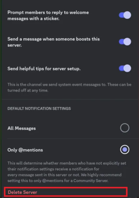 delete discord server on mobile