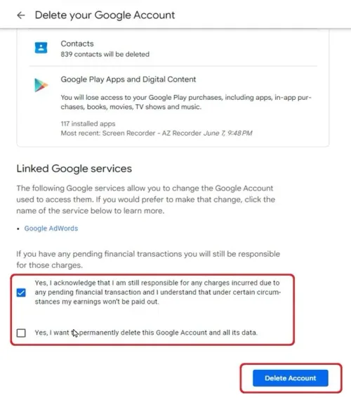 delete the google account