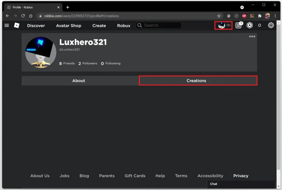 Roblox Account > Creations