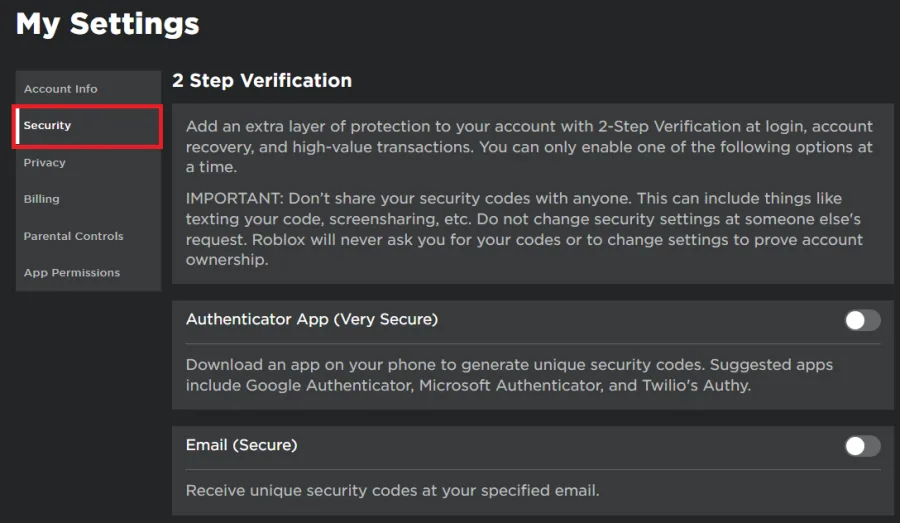 2 step verification settings