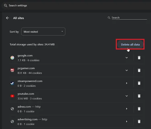 delete all cookies and site data