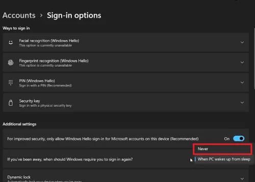 sign in settings