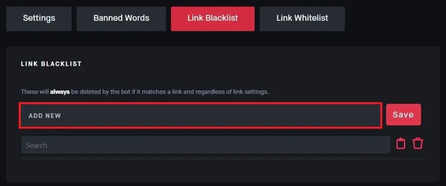 Automod Options > Link Blacklist