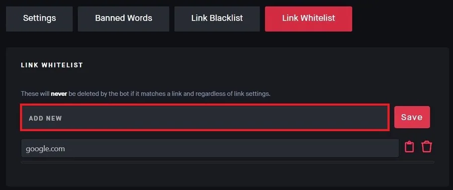 Automod Options > Link Whitelist