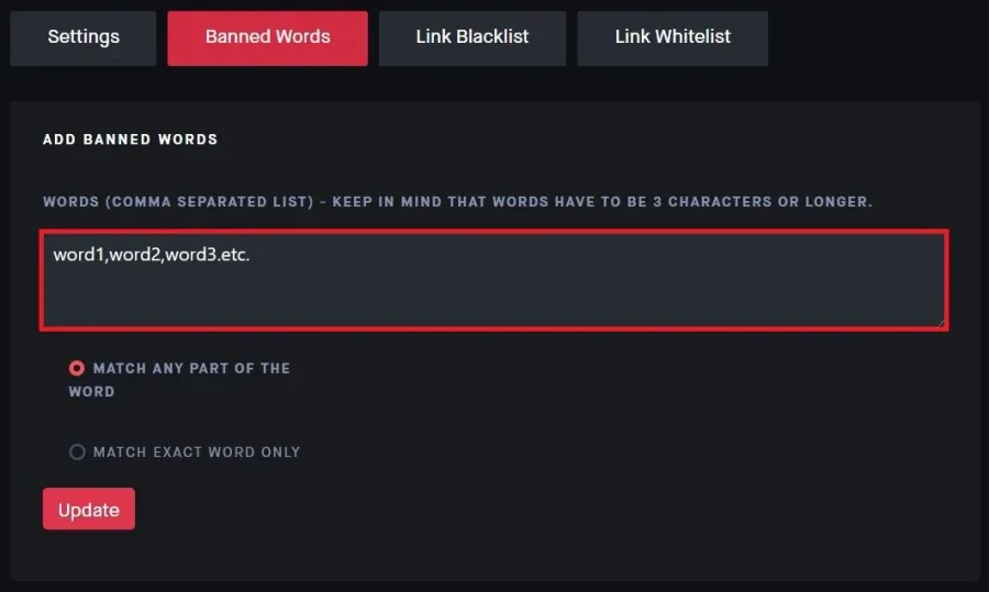 Automod Options > Banned Words