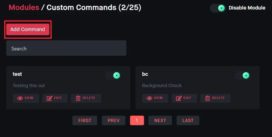 Modules > Custom Commands > Add Command
