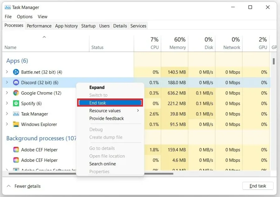 Task Manager > Processes > Discord > End Task