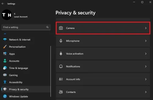Windows Settings > Privacy & Security > Camera