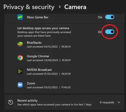 Let desktop apps access your camera.
