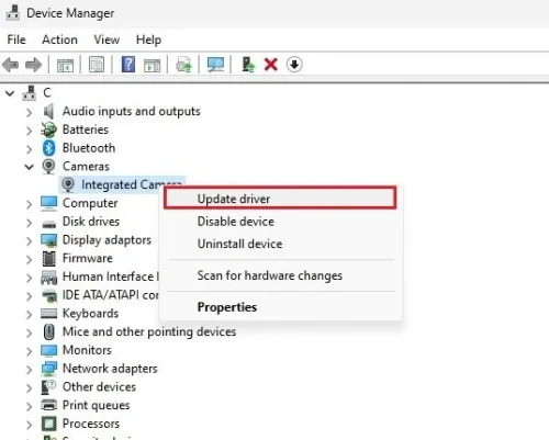 Device Manager > Cameras > Update driver