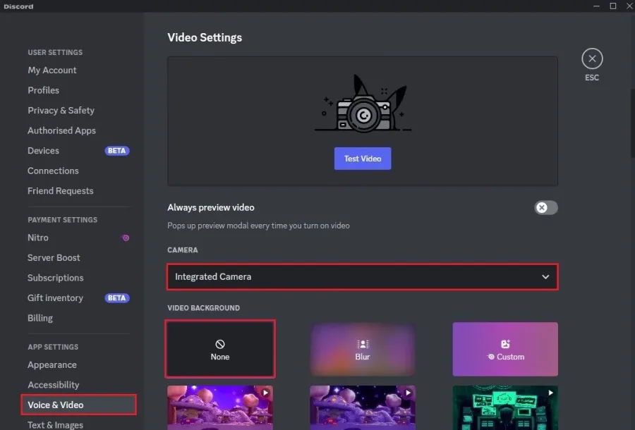 Discord Voice & Video Settings > Camera