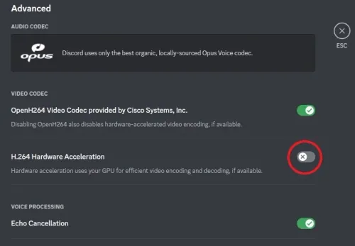 Discord Voice & Video Settings > Advanced > Hardware Acceleration