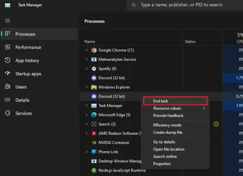 Task Manager > Processes