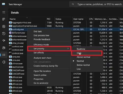 Task Manager > Details > audiodg.exe > Set Priority > High