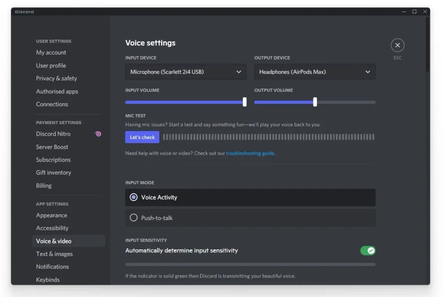 Discord Settings > Voice & Video