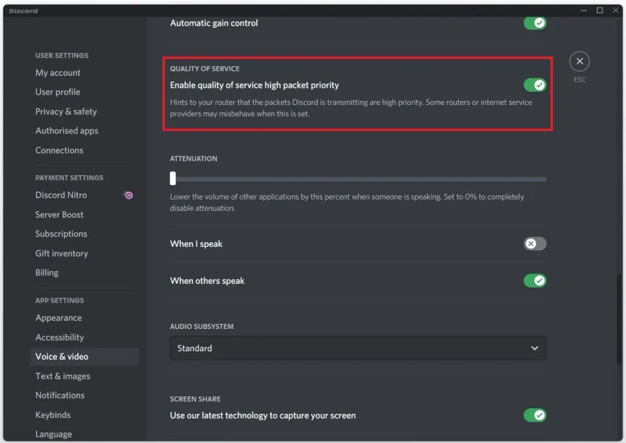 Enable quality of service high packet priority