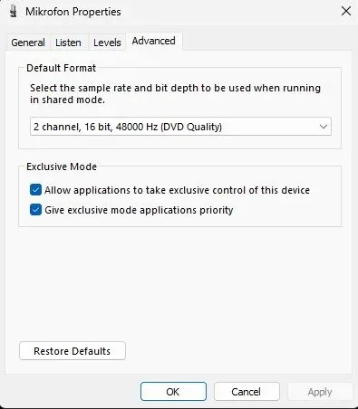 Microphone Properties > Advanced