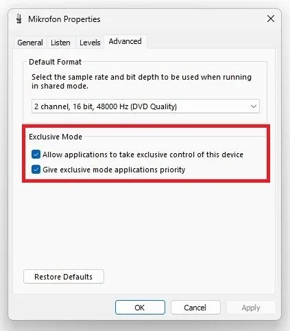 Advanced Options > Exclusive Mode
