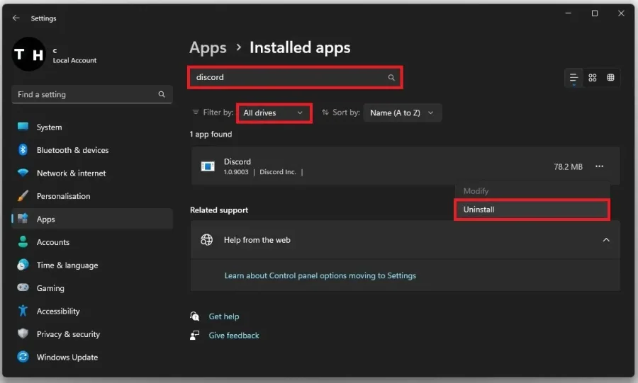 Installed Apps > Discord > Uninstall