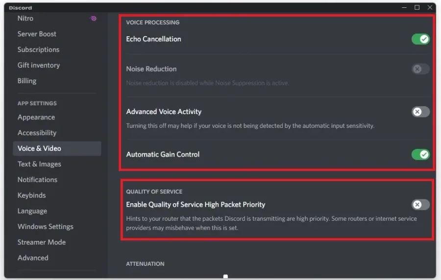 Voice Processing and Quality of Service settings