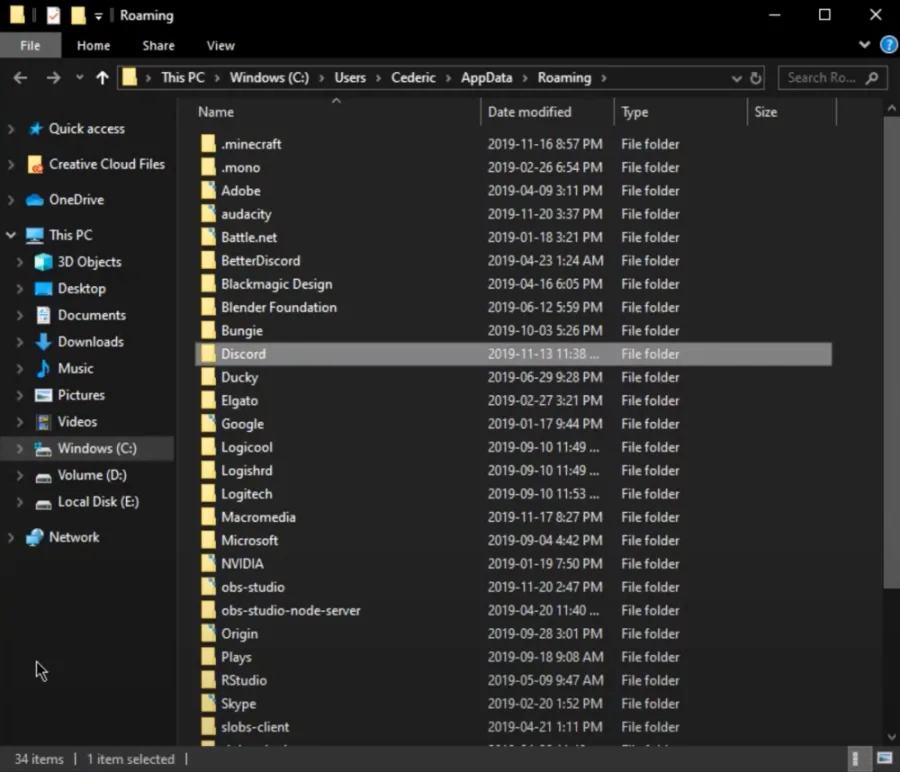 Delete the “Discord” folder