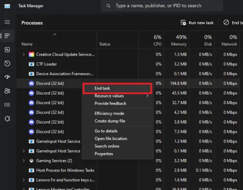 end the discord task in your task manager