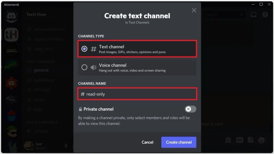 Discord Server > Create Text Channel