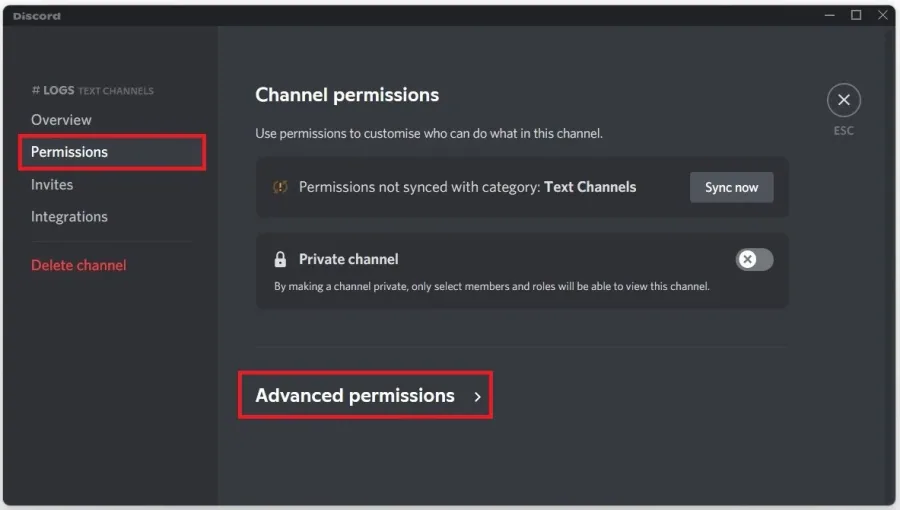 Text Channel Permissions > Advanced Permissions