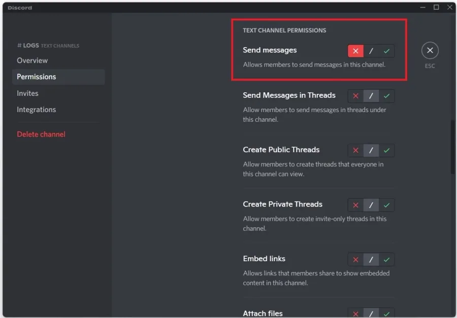 Text Channel Permissions > Send Messages