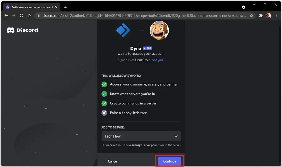 Invite the Dyno Discord bot to your server