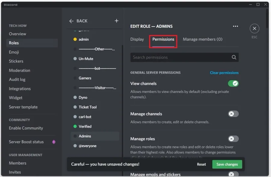 Discord Server Settings > Roles > Permissions